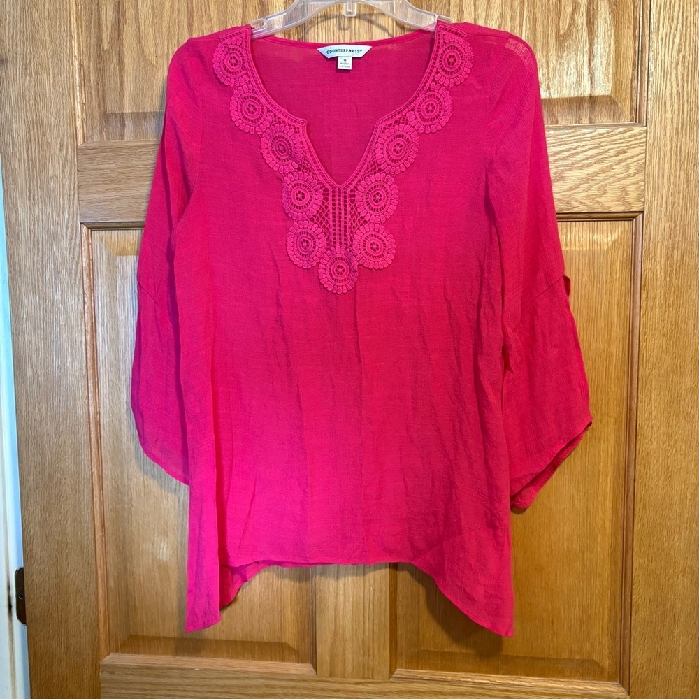 Hot Pink Counterparts Women’s Pink Crochet Trim Tunic Top 3/4 Sleeve Size M BOHO
